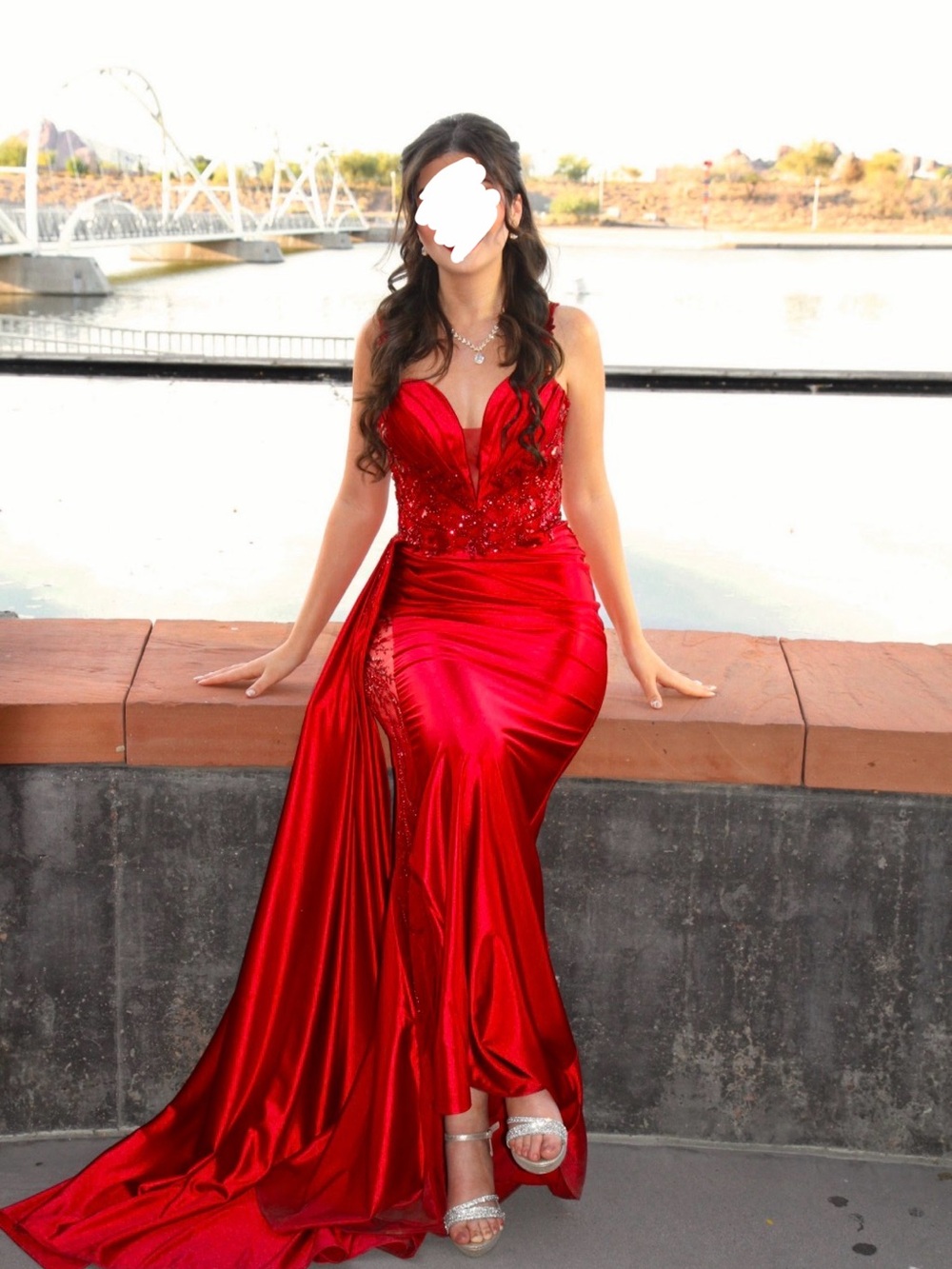 Red Satin Evening Gown with Embellished Bodice